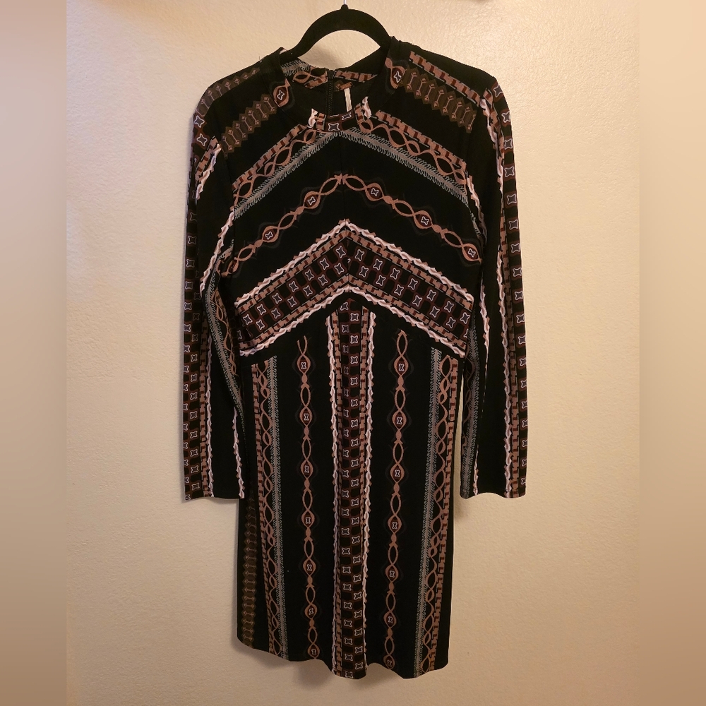 Free People Black and Brown Long Sleeve Dress